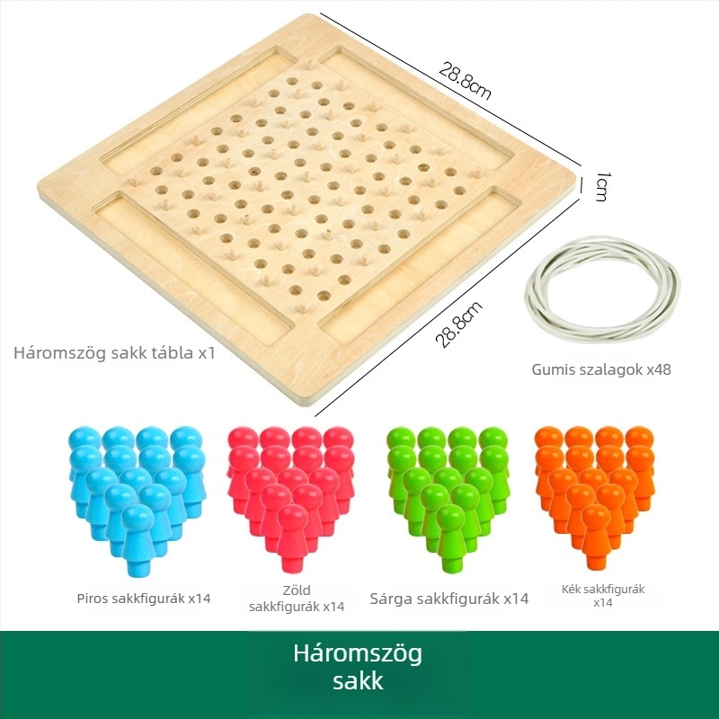 Fából készült szegtábla háromszög sakk játék – családi tanulós játék 4–6 éveseknek