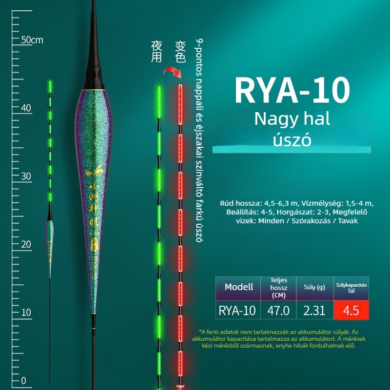 Elektronikus függőleges sodrású úszó harapásjelzővel, nappali–éjszakai kettős használat, nagy felhajtóerő pontyok és nagytestű halak számára