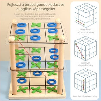 Fából készült 3D Tic-Tac-Toe asztali játék gyerekeknek és felnőtteknek, beltéri használatra, csomagolás dobozban, fejleszti a logikai gondolkodást és kézügyességet