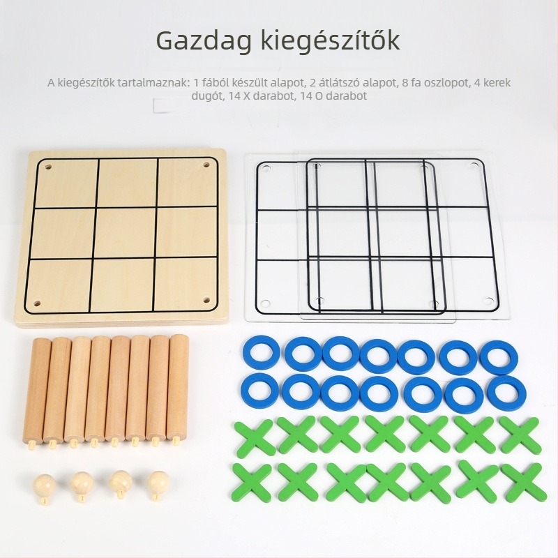 Fából készült 3D Tic-Tac-Toe asztali játék gyerekeknek és felnőtteknek, beltéri használatra, csomagolás dobozban, fejleszti a logikai gondolkodást és kézügyességet