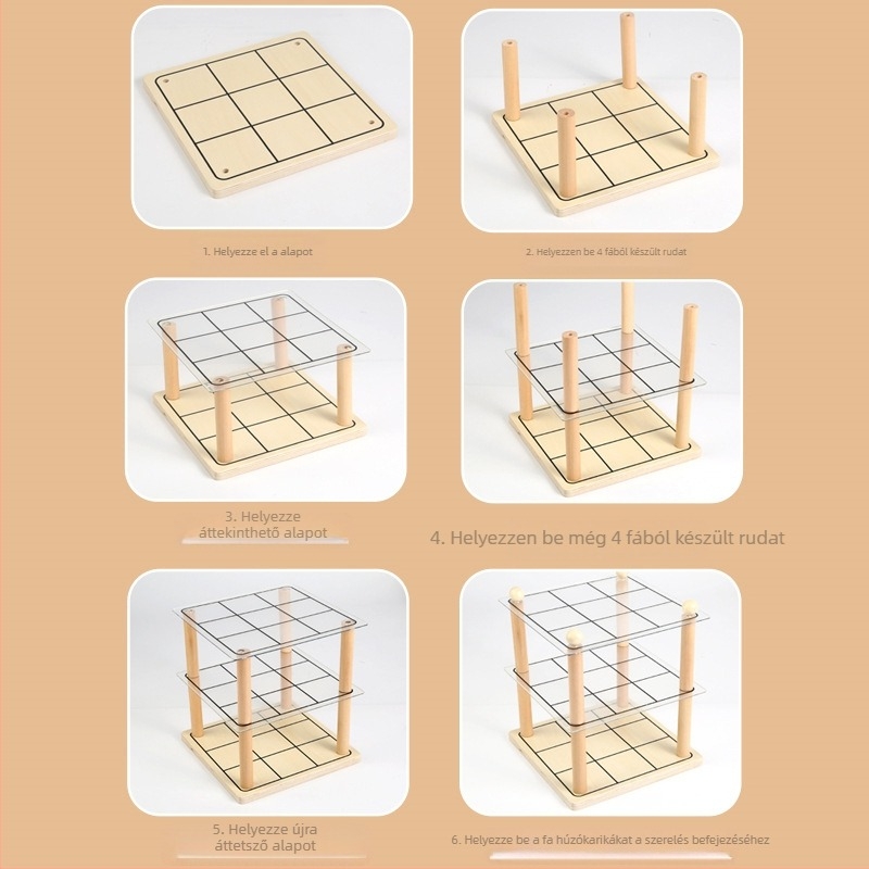 Fából készült 3D Tic-Tac-Toe asztali játék gyerekeknek és felnőtteknek, beltéri használatra, csomagolás dobozban, fejleszti a logikai gondolkodást és kézügyességet