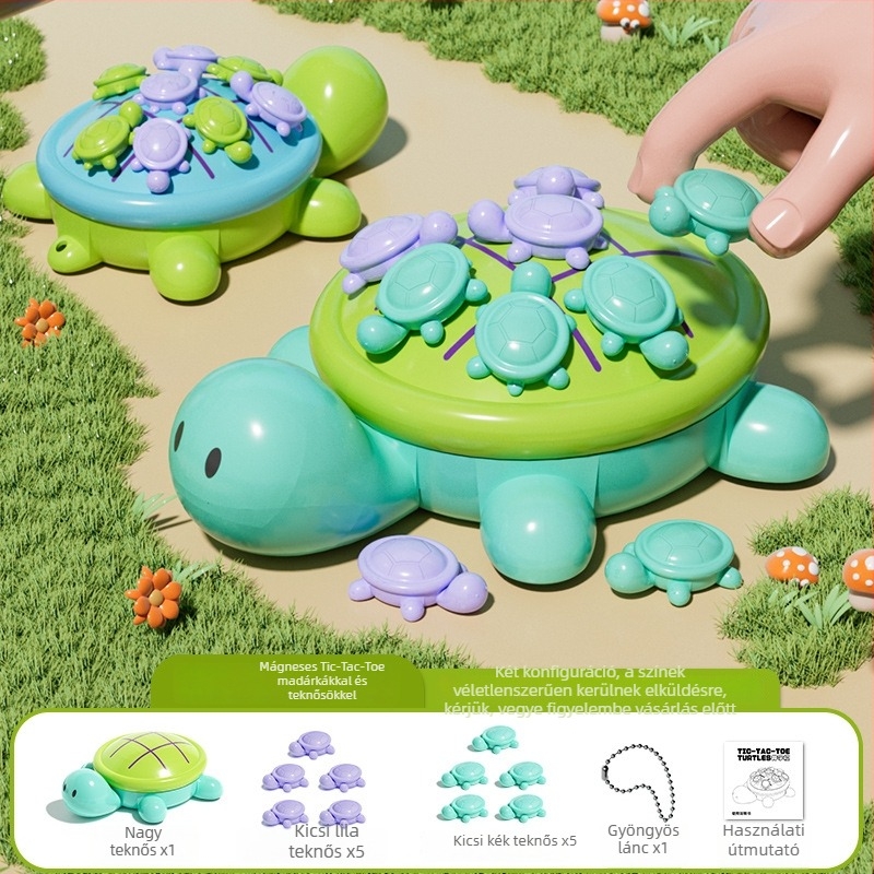 Tenkösbéka témájú asztali játék kilencmezős rács — oktató interaktív puzzle 4–6 éveseknek, műanyagból, fejleszti a szem–kéz koordinációt és a kognitív készségeket