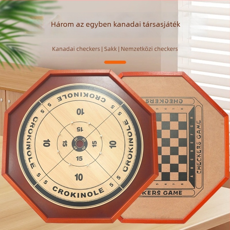 Fából készült három in 1 családi oktatási társasjáték: sakk, dáma és kanadai dáma