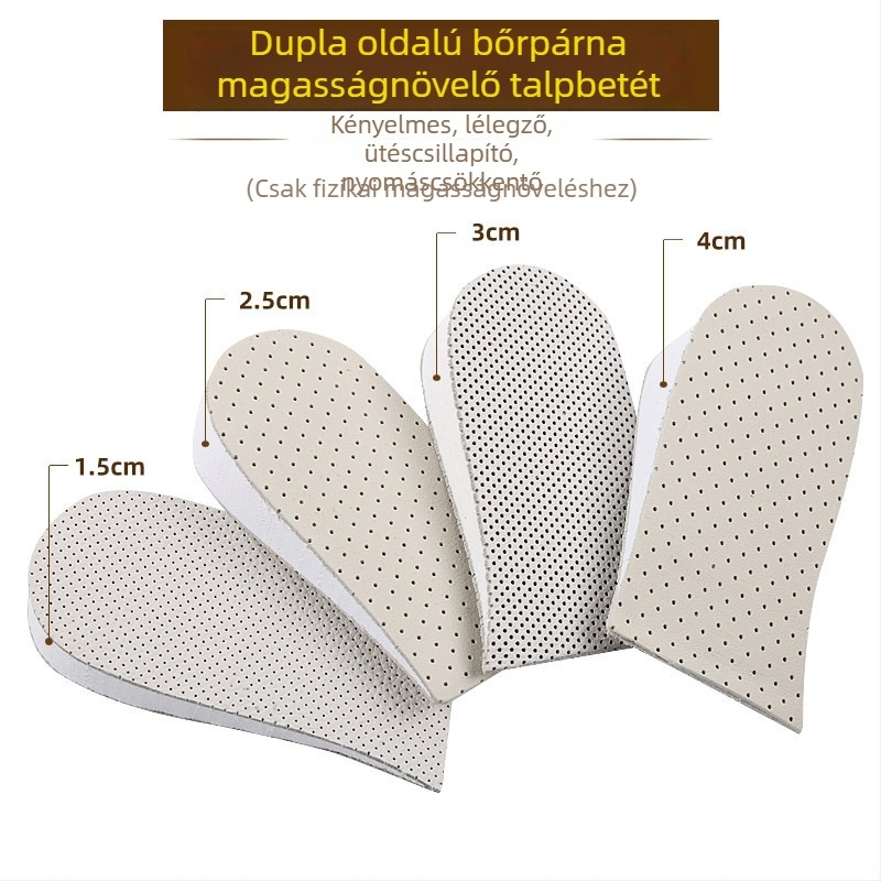 Kétoldalas bőr magasságot növelő talpbetét — anyaga: tehénbőr és EVA; alkalmas sneakersre, bőr cipőre, papucsokra; modell: kétoldalas bőr; funkció: magasság növelés