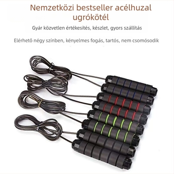 Ugrókötél acélhuzalból és PVC bevonattal, habmarkolatokkal, golyóscsapágyas rendszerrel – edzés és fogyás (tömeg 140–160 g)