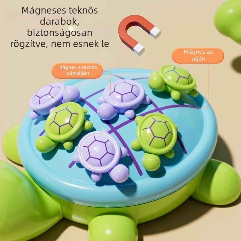 Kisgyermekeknek készült asztali játék teknőssel: kilenc négyzetes Tic-Tac-Toe tábla 3–6 éveseknek, oktató, interaktív családi játék.