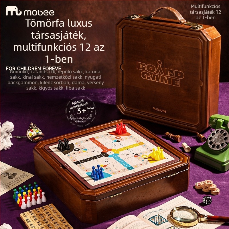 Mobee 12 az 1-ben fa társasjáték tábla – sakk, kínai sakk, Go, Gomoku és Ludo gyerekeknek