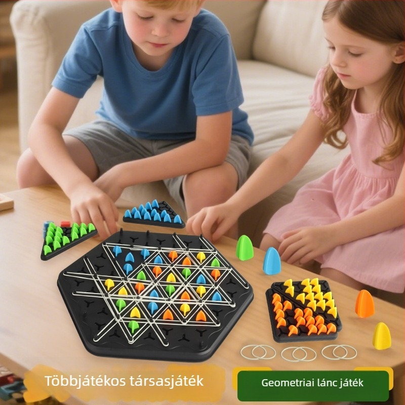 Műanyagból készült társasjáték a logikai gondolkodás fejlesztésére, háromszög alakú láncszemekkel — 4–6, 7–14 és 15–35 éveseknek