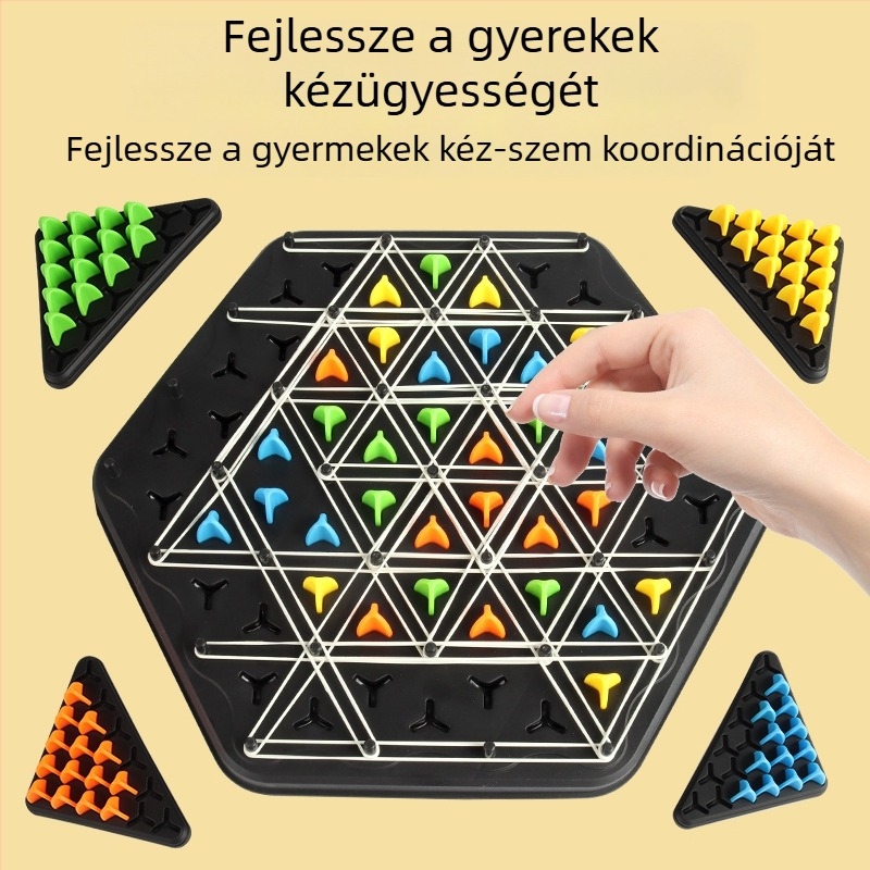 Műanyagból készült társasjáték a logikai gondolkodás fejlesztésére, háromszög alakú láncszemekkel — 4–6, 7–14 és 15–35 éveseknek