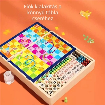 Fából készült gyerekeknek szánt többjátékos tábla fiókos kivitelben – Flying Chess, Backgammon és Sakk; 4–6 éveseknek; fejleszti a kéz-szem koordinációt és a kognitív készségeket