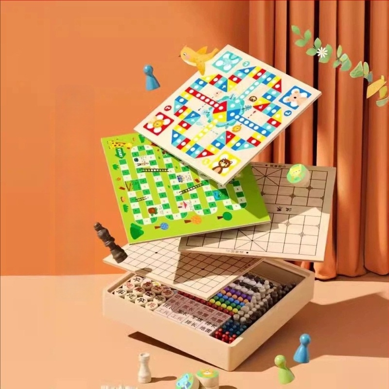 Fából készült gyerekeknek szánt többjátékos tábla fiókos kivitelben – Flying Chess, Backgammon és Sakk; 4–6 éveseknek; fejleszti a kéz-szem koordinációt és a kognitív készségeket