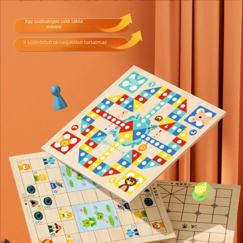 Fából készült gyerekeknek szánt többjátékos tábla fiókos kivitelben – Flying Chess, Backgammon és Sakk; 4–6 éveseknek; fejleszti a kéz-szem koordinációt és a kognitív készségeket