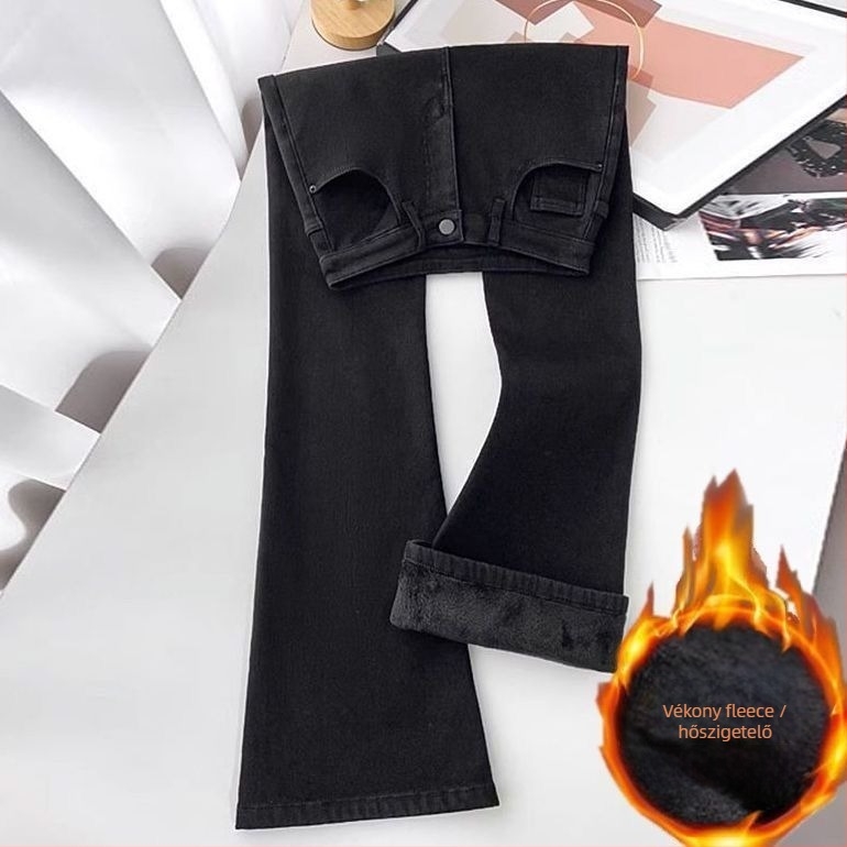Női farmernadrág fleece-beléssel, vastag, magas derekú, bootcut szabás, denim pamut