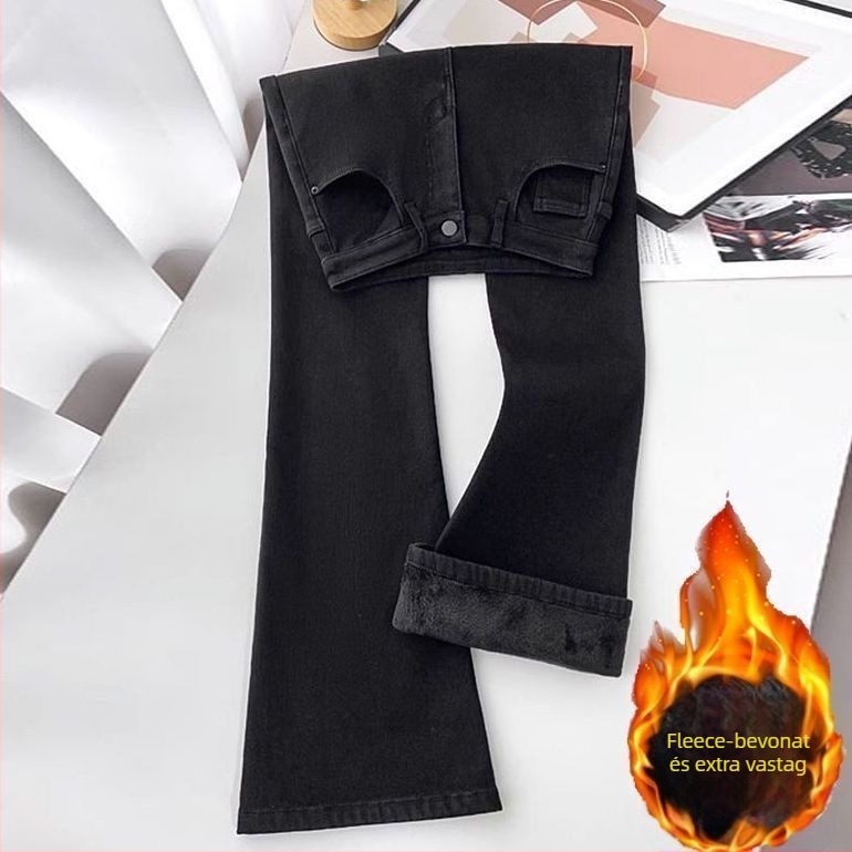 Női farmernadrág fleece-beléssel, vastag, magas derekú, bootcut szabás, denim pamut