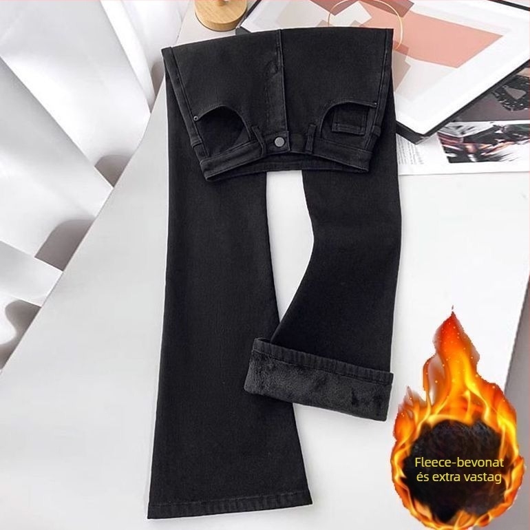Női farmernadrág fleece-beléssel, vastag, magas derekú, bootcut szabás, denim pamut