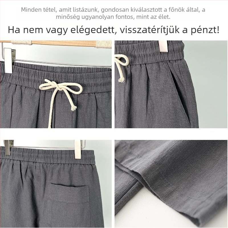 Férfi pamut-len rövidnadrág, laza szabás, magas derék, légáteresztő, rövid fazon