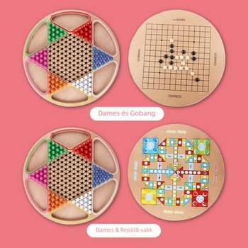 Fából készült két játék egyben: Gomoku és Flying Chess gyerekeknek, színes dobozos csomagolás, 4–14 évesek