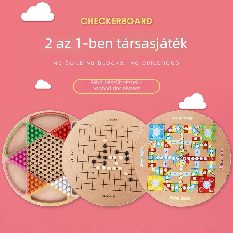 Fából készült két játék egyben: Gomoku és Flying Chess gyerekeknek, színes dobozos csomagolás, 4–14 évesek