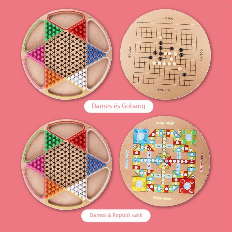 Fából készült két játék egyben: Gomoku és Flying Chess gyerekeknek, színes dobozos csomagolás, 4–14 évesek