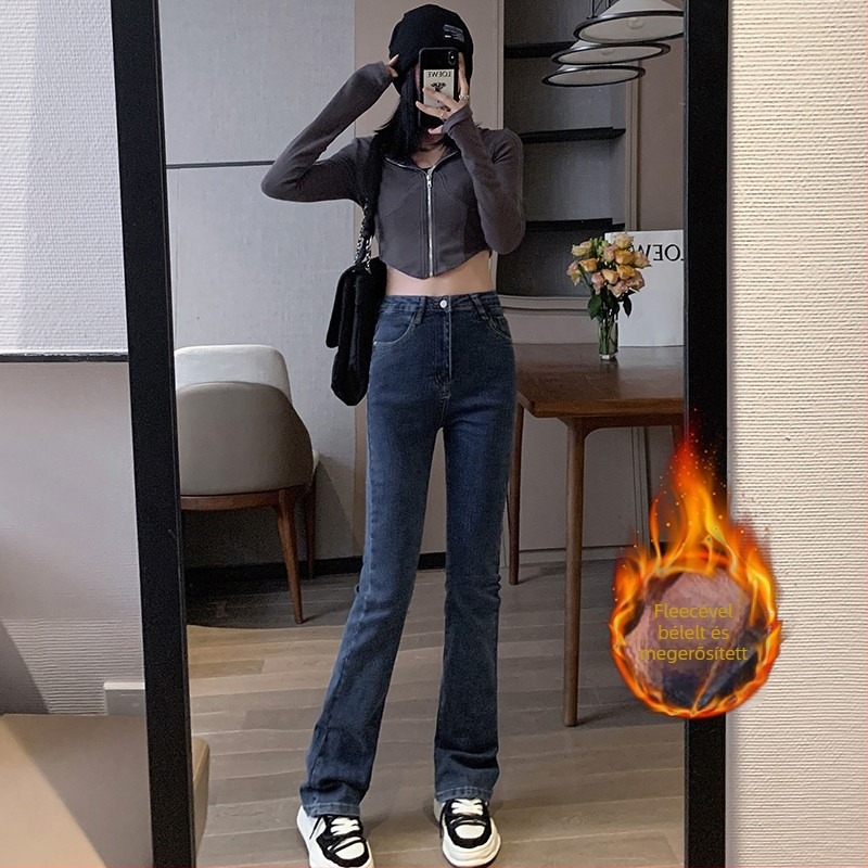 Női fleece-béléssel ellátott flare farmernadrág, ultra magas derék, rugalmas denim