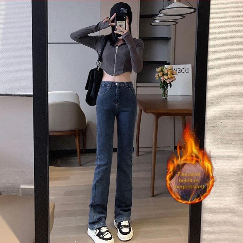 Női fleece-béléssel ellátott flare farmernadrág, ultra magas derék, rugalmas denim