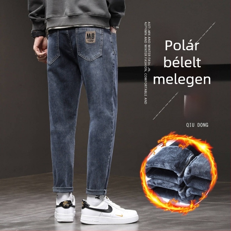 Férfi denimnadrág fleece-beléssel, szabad szabású, középmagas derék, zsinórzárás, kőmosott, 68% pamut