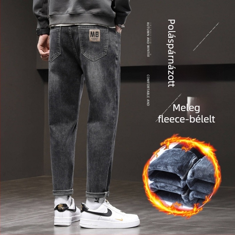 Férfi denimnadrág fleece-beléssel, szabad szabású, középmagas derék, zsinórzárás, kőmosott, 68% pamut