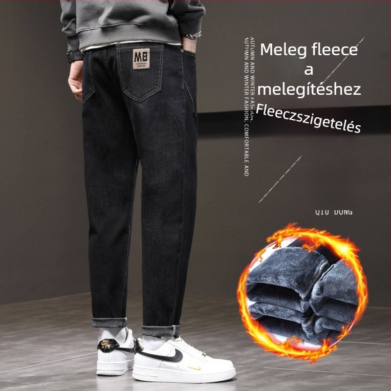 Férfi denimnadrág fleece-beléssel, szabad szabású, középmagas derék, zsinórzárás, kőmosott, 68% pamut