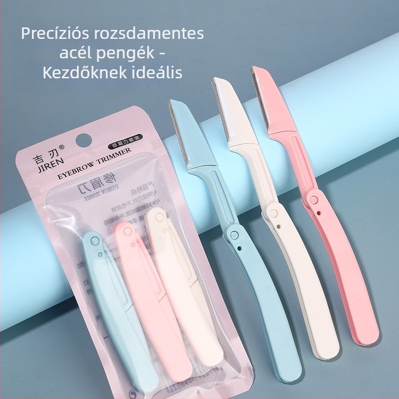 Szemöldök-trimmelő, biztonságos hajtogatás, karcolásmentes kivitel, kezdő készlet, cserélhető pengék