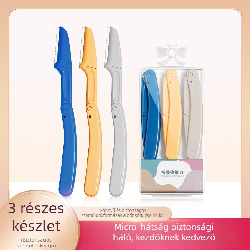 Szemöldök formázó kés, összecsukható, rozsdamentes acél, 3 darabos készlet, modell Q001