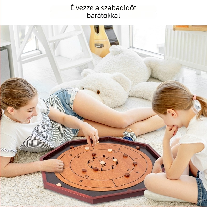 Fa Crokinole és Backgammon asztali játék - Fenyőfa, Cheng ang márka, 3C fa játék 14 év alattiaknak, Fejleszti a logikai gondolkodást, Színes doboz