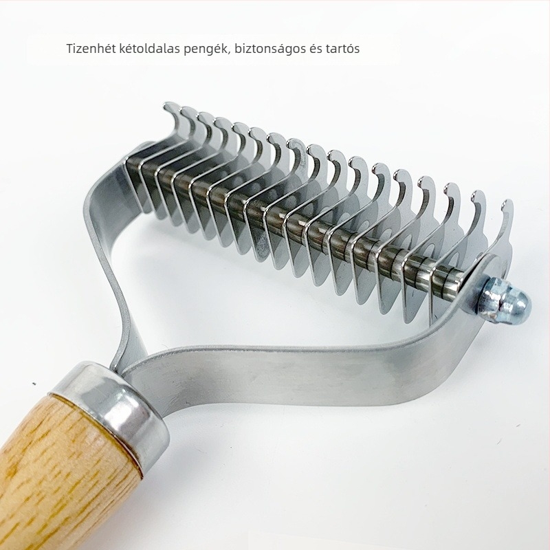 Fából készült nyélű gubancmentesítő fésű, kétoldalas kutyáknak