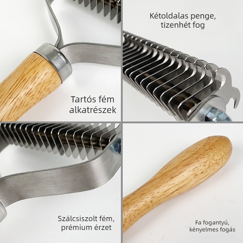 Fából készült nyélű gubancmentesítő fésű, kétoldalas kutyáknak