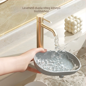 Fali szappontartó mosdóhoz, fúrás nélküli, dupla réteg, lefolyóval és szívócsészével, műanyag