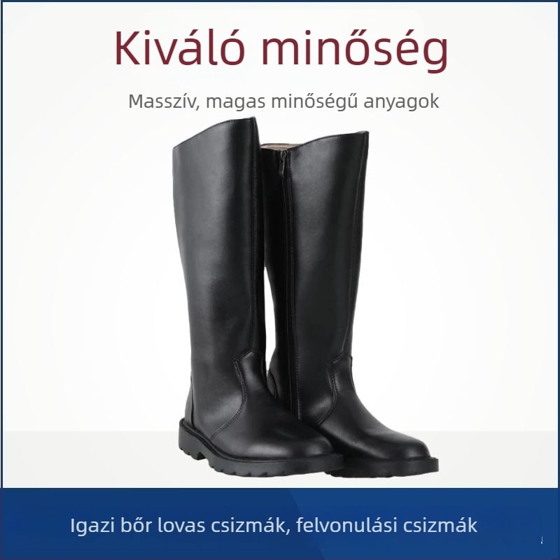 Katonai magas bőrcsizma oldalsó cipzárral, felsőrésze tehénbőr, gumitalp, alacsony négyszögletes sarok 1–3 cm