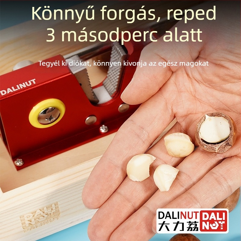 Macadamia dióhéj nyitó - alumínium test, modern minimalista dizájn, 2018-ban piacra dobva, nyomtatott logó, magáncímke elérhető