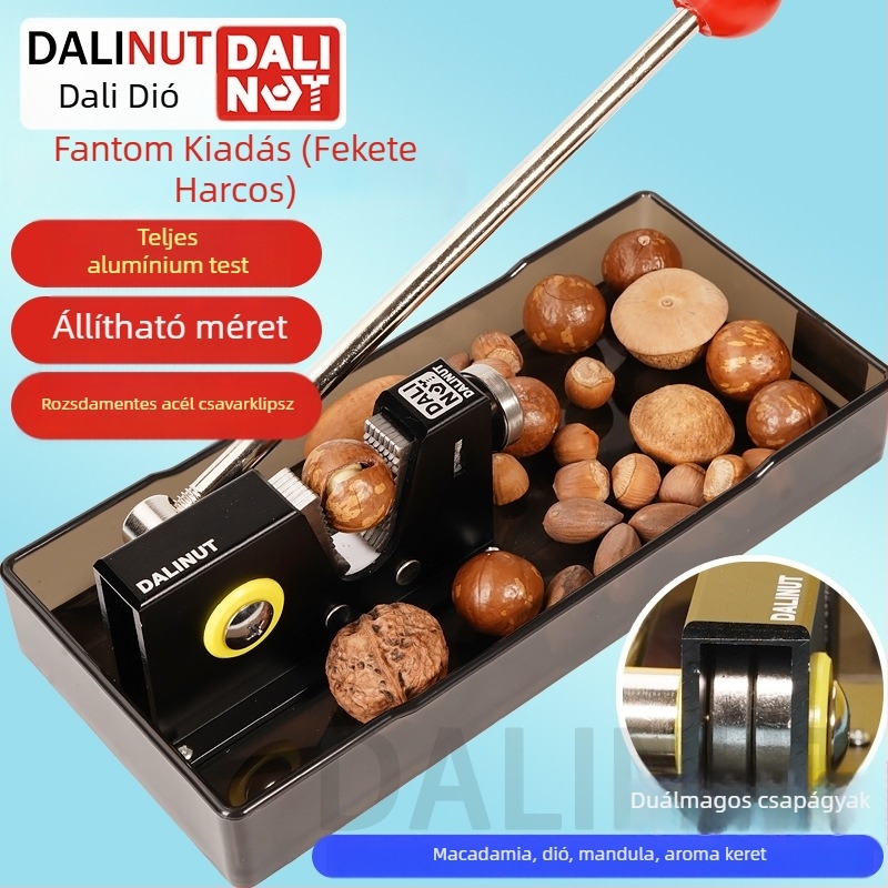 Macadamia dióhéj nyitó - alumínium test, modern minimalista dizájn, 2018-ban piacra dobva, nyomtatott logó, magáncímke elérhető