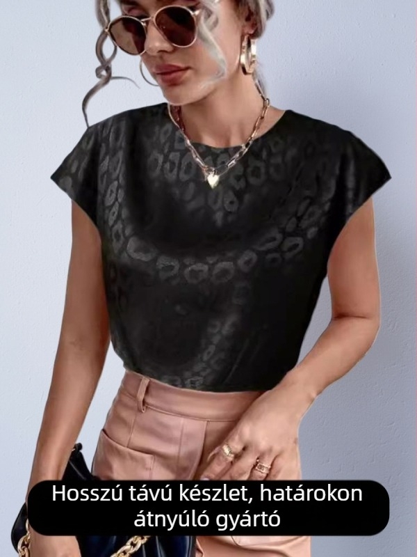 Szatén felső leopárd mintás jacquard, rövid ujjú, kerek nyakú, laza szabású, elegáns irodai viselet