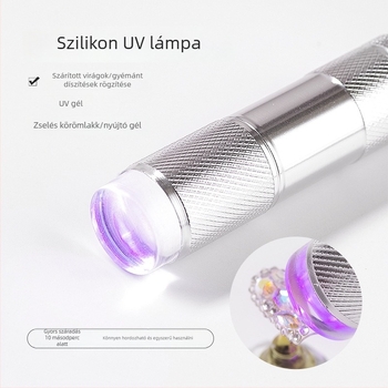 Körömlakk-lámpa, kézben tartható, mini — Jmofo/Armour Magic, Modell: Ezüst zseblámpa + kis szilikon fej