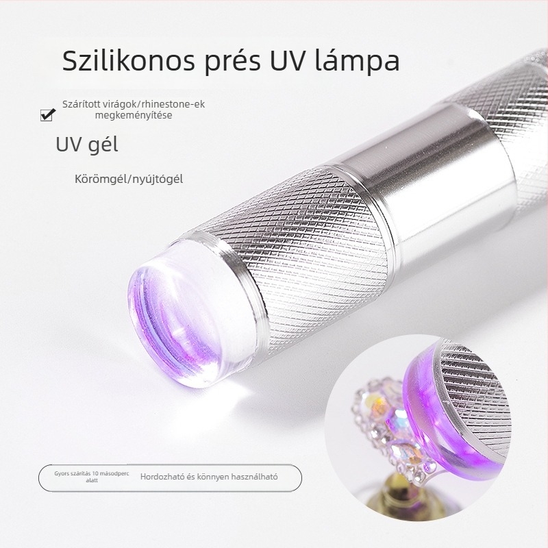 Körömlakk-lámpa, kézben tartható, mini — Jmofo/Armour Magic, Modell: Ezüst zseblámpa + kis szilikon fej