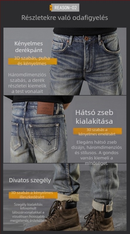 Férfi denim nadrág piros selvedge éllel, európai–amerikai retro laza egyenes szabás, Ami Khaki stílus, elasztikus, hosszú nadrág