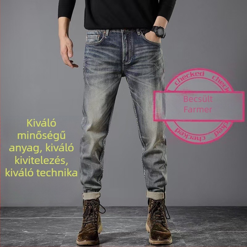 Férfi denim nadrág piros selvedge éllel, európai–amerikai retro laza egyenes szabás, Ami Khaki stílus, elasztikus, hosszú nadrág
