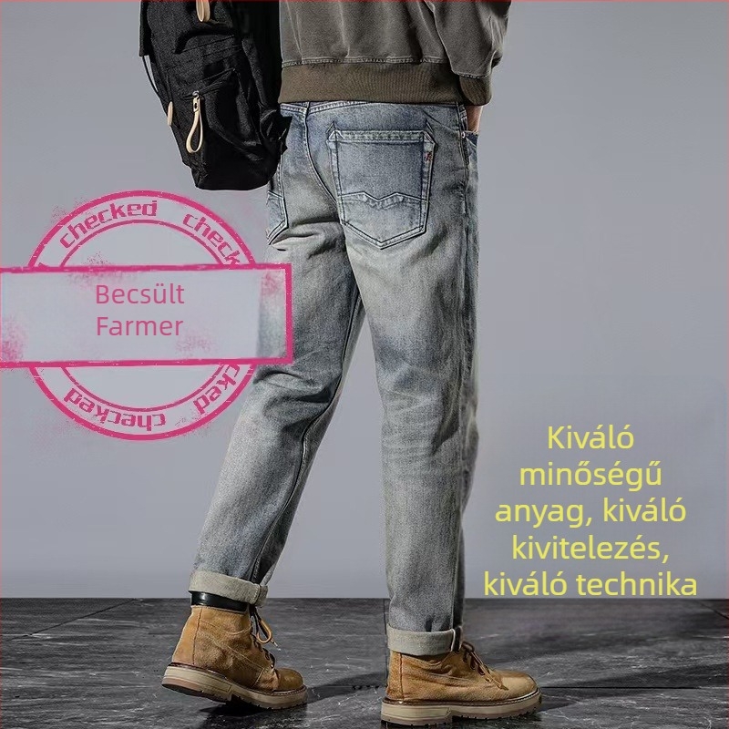 Férfi denim nadrág piros selvedge éllel, európai–amerikai retro laza egyenes szabás, Ami Khaki stílus, elasztikus, hosszú nadrág