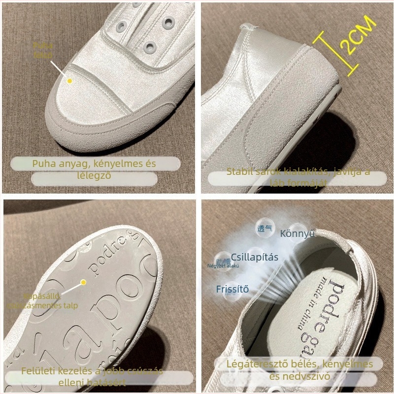 Női szatén slip-on sportcipő, alacsony profil, PU talpbetét, gumírozott talp, 3–5 cm lapos sarok