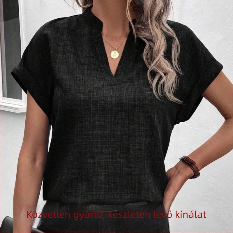 V-nyakú rövid ujjú női felső, retro minimalista stílus, sokoldalú és karcsúsító, nyári felső