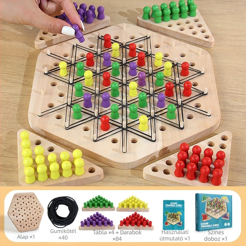 Fából készült geometriai háromszög sakk puzzle gyermekeknek, 4-6 évesek, fejleszti a gondolkodást, a kéz-szem koordinációt, interaktív játék