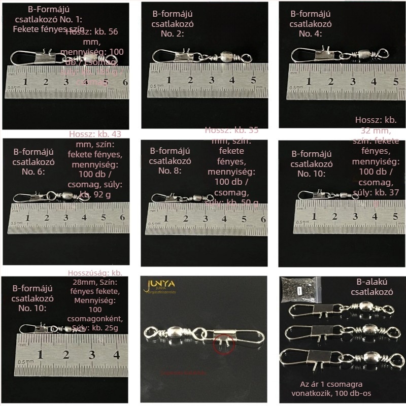 Titanium Sharp 100 darabos csomag: B alakú csatlakozó és forgó gyűrű a horgászati kiegészítőknek, nyolcas alakú gyűrű és csap