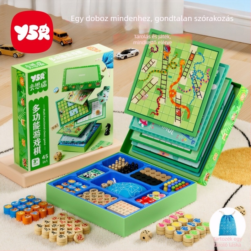 Faanyagból készült mindent egyben gyerek társasjáték készlet – Ludo, Gomoku és Dáma, Yisirui márka, 4–6 éves kortól