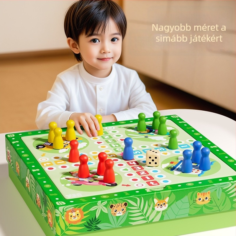 Faanyagból készült mindent egyben gyerek társasjáték készlet – Ludo, Gomoku és Dáma, Yisirui márka, 4–6 éves kortól