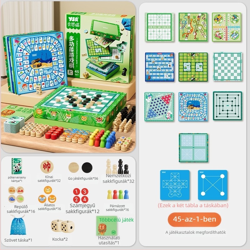 Faanyagból készült mindent egyben gyerek társasjáték készlet – Ludo, Gomoku és Dáma, Yisirui márka, 4–6 éves kortól